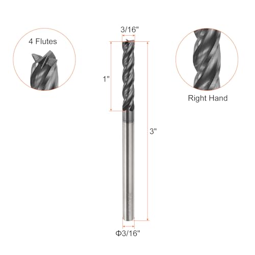 Image of HARFINGTON Carbide Square Nose End Mill Bit 3 /16 inch Cut Dia 4 Flutes TiAlN Coated Milling Cutter for Hardened Steel Metal (3 /16 inch Shank 1 inch Cut Length 3 inch Long 30 Degree Helix)