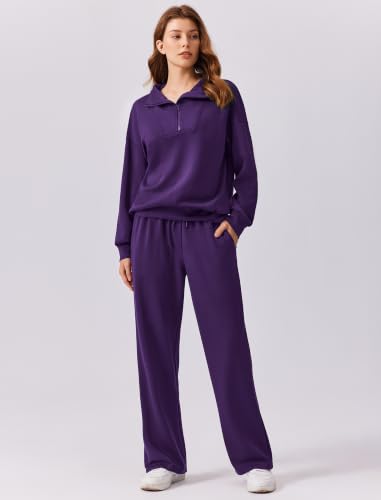 Image of PINSPARK 2 Piece Sets for Women 1 /4 Zip Lounge Matching Set Fall Outfits | Oversized Sweatshirt, Long Sleeve Pullover, Wide Leg Pants with Drawstring Pockets, Sweatsuit, 2026 Travel Airport Tracksuit