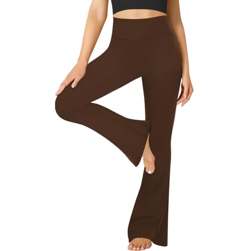 FuelMeFoot Flared Yogahose Damen Leggings High Waist Schlaghose Blickdicht Leggins Bootcut Jogginghose Jazzpants mit Bauchkontrolle Fitness. 1 Pack-07-Braun M