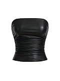 SOLY HUX Women's PU Leather Ruched Tube Top Strapless Sexy Party Clubwear Tops Going Out Streetwear Solid Black Large