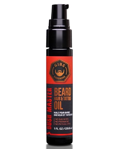 GIBS GROOMING Bush Master Beard, Hair & Tattoo Oil- All-Natural with Nutmeg, Leather, Vanilla & Musk Scent- Softens & Strengthens Beard Growth, Moisturizes Skin, 1 Fl Oz (Pack of 1)