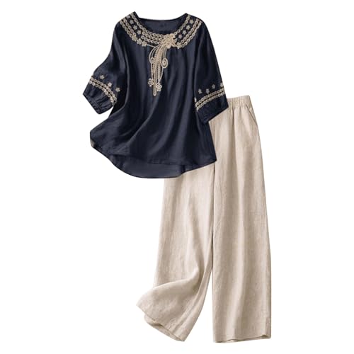 2 Piece Linen Sets for Women Boho Summer Fall 2025 3/4 Sleeve Embroidered and Capri Pants Cotton Linen Matching Set Black-a