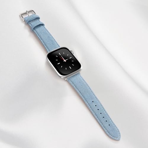 Ruibopad Bracelet en jean pour Apple Watch 44 mm, 45 mm, 42 mm, bracelet hybride en cuir souple compatible avec iWatch Series 9/SE/8/7/6/5/4/3/2/1, pour homme et femme, bleu clair – vue 2