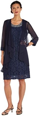 R&M Richards Women’s Two Piece Fly Away Jacket Over Beaded Neck Laced Dress