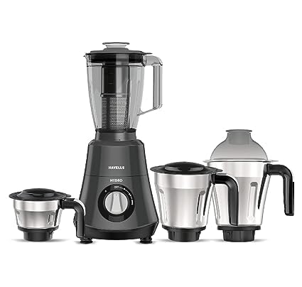 Havells Hydro 750 watt Mixer Grinder with 4 jar Wider mouth Stainless Steel Jar, Hands Free operation, SS-304 Grade Blade & 5 year motor warranty black