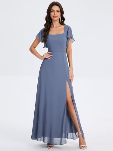 Ever-Pretty Women's Square Neck Short Sleeves Split Chiffon Floor Length A-Line Maxi Formal Dress 024093