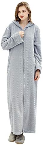 ZAKASA Womens Robe Hooded, Zipper Bath Robes Long Plush Bathrobe for Female Warm for Winter Light Grey