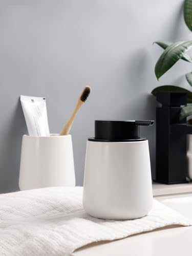 Image of Bosilunlife Soap and Toothbrush Holder Set - Ceramic Bathroom Accessories Set White Foaming Hand Soap Dispenser Set Bathroom Counter Toothbrush Holder and Soap Dispenser Set