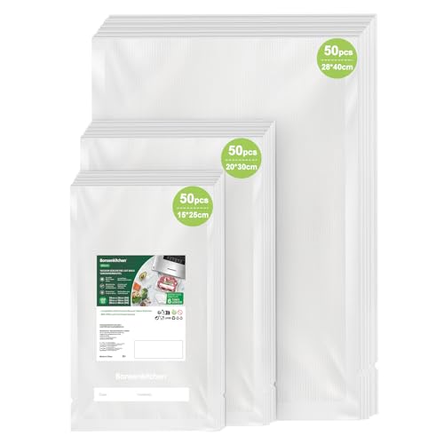 Bonsenkitchen Bolsas Vacio Alimentos 15x25 | 20x30 | 28x40 cm, 50 bolsas por cada tamaño Bolsas Vacio - Bolsa de Vacío Gofradas para Conservación y Cocción Sous Vide & Boilable, VB3215