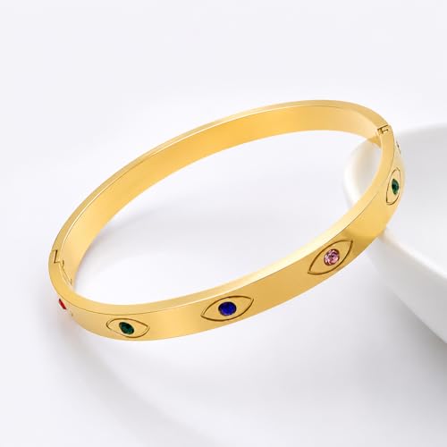 Image of Stylish Gold Plated Bangle for Women | Daily Use Stainless Steel Kada | Anti-Tarnish Waterproof Cuff | Multicolour Crystal Evil Eye | Daily Wear Bracelet For Womens | Premium Gift For Girl