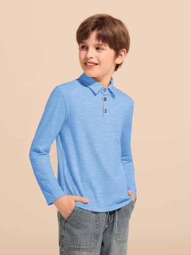 Image of Haloumoning Boys Long Sleeve Polo Shirts Kids Casual Button School Uniform Shirts with Chest Pocket 5-14 Years
