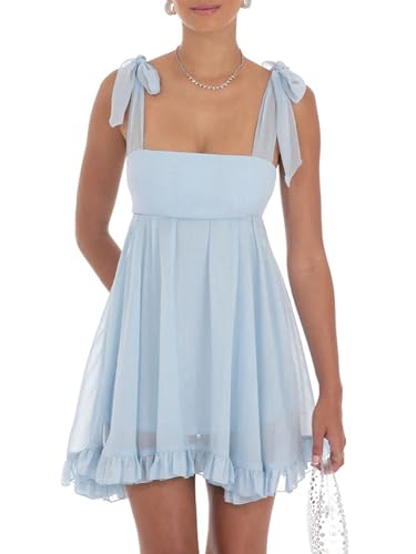 Women's Babydoll Mini Dress Tie Shoulder Backless Bow Party Summer Sundress Flowy Short Graduation Dress
