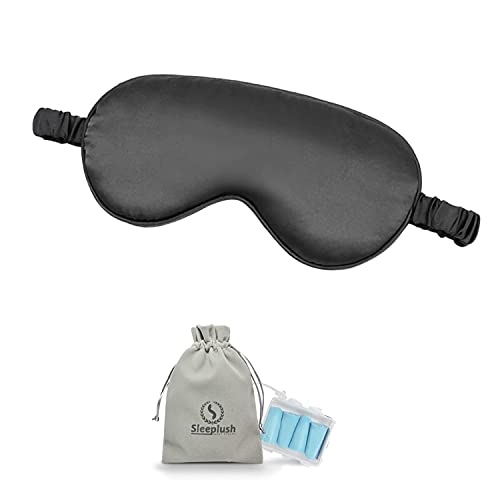 Sleeplush Mulberry Silk Sleep Mask â€“ Sleep Mask with Silk Covered Straps â€“ Sleep Masks for Women and Men - Eye Mask for Sleeping Comes with Ear Plugs and Pocket Bag - Weighted Sleep Mask - Black