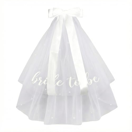 AOREAS White Short Wedding Veil With Bow and Pearls for Women 24inch Bride Veil for Bachelorette Party Bridal Shower Wedding Morning Engagement Photo Accessory