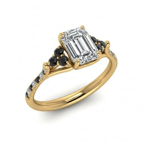 Image of Choose Your Gemstone Emerald Cut Petite Cathedral Diamond CZ Ring Yellow Gold Plated Emerald Shape Petite Engagement Rings for Women, Girls and Ladies US Size 4 to 12