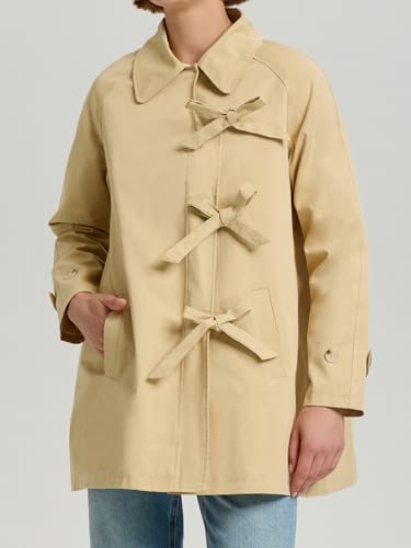 HOULENGS Women's Long Sleeve Bow Toggle Trench Coat Casual Button Down Lapel Jacket Fall Fashion Outerwear with Pocket4