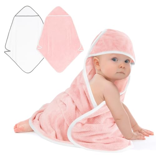 Image of UNIMADE Hooded Towel for Newborn, 2 Pack Soft Coral Fleece Baby Towels, Ultra Absorbent Bath Cloths Bulk for Infants, Toddlers, Newborn Essential- 30 x 30 inch - Pink & White