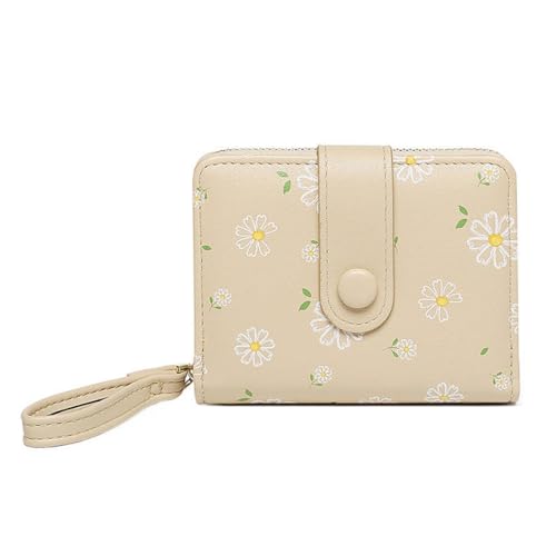 Cute Daisy Flowers Print Genuine Leather Wallet for Women with Exterior Zipper Bifold Design Multiple Card Slots ID Window (BEIGE)