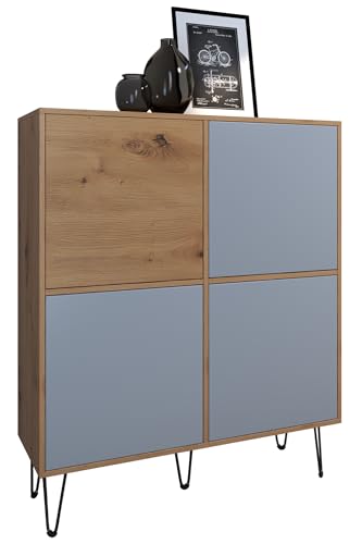 Vladon Highboard Havana V2, Kommode mit 4 Türen und 8 geschlossenen Fächern, Kommode Made in Germany, Eiche Evoke/Denim matt (104 x 124 x 35 cm)