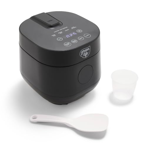 GreenLife Digital Rice Cooker, 2-Cups Uncooked/4-Cups Cooked, Removable Nonstick Ceramic PFAS-Free Pot, One-Touch Presets, Oats, Quinoa, Brown Rice, Auto Keep Warm, Fuzzy Logic Tech, 1.5QT, Black