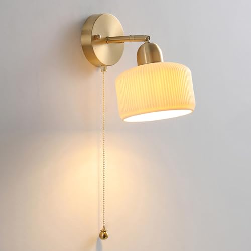 Aplique de pared de cerámica con cordón, lámpara de pared nórdica de latón, apliques cableados, iluminación de pared con pantalla de cerámica blanca acanalada, E27, luces de pared para tocador.