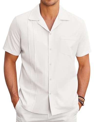 COOFANDY Camisa masculina de linho de manga curta cubana Guayabera, camisa de botão de praia, Branco