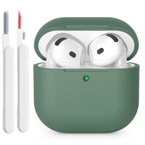 KOKOKA Custodia in Silicone Compatibile con AirPods 4 Case, LED Anteriore Visibile, Case Cover Protettiva Antiurto in Silicone Morbido per Airpods 4 Generazione 2024 con Kit di Pulizia, Deep Green