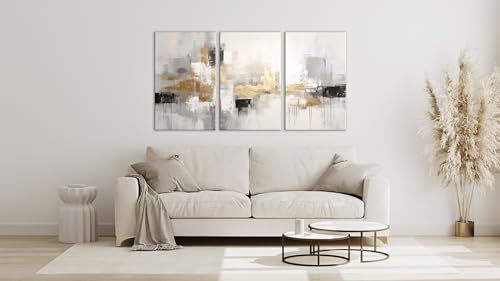 Miniatura 5 de Intelienzos Tres Cuadros Modernos Para Decoracion De Salon 120x61cm, 3 Lienzos De Oro, Estilo Abstracto, Abs 1
