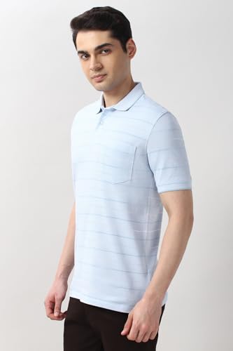 Image of Peter England Men's Cotton-Polyester Fine Stripe Polo T-Shirt - Casual Wear | Sleek & Comfortable