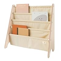 3 Sprouts Recycled Fabric Kids Bookshelf – 4-Tier Sling Book Rack Organizer - Nursery Room Playroom Classroom Wooden Book Shelves - Kid Bookcase Wood Storage Shelf for Toddler Age 3+ - Beige