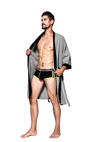 Men's Kimono Robe Cotton Waffle Spa Bathrobe Lightweight Soft Knee Length Sleepwear with Pockets3
