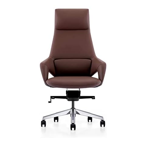 FURIJING Genuine Leather Office Chair with Aluminum Base High Back Top Grain Leather Executive Chair,Modern Ergonomic Real Leather Office Chair with Synchro-Tilt Reclining Mechanism-Dark Brown Cover