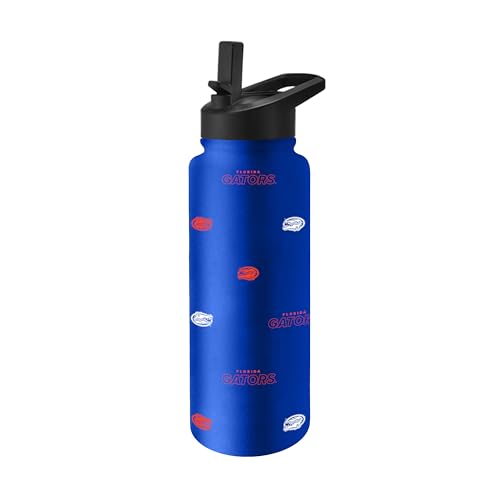 Image of Logo Brands NCAA Florida Gators Step & Repeat 34 oz Stainless Steel Quencher Bottle - All Over Logo Design, No-Spill Lid, Easy Carry Handle - Keeps Drinks Cold For Hours