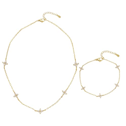 GWAWG - Collar de trébol de cuatro hojas, pulsera para mujer, conjunto de joyas chapado en oro con circonita cúbica, ajustable para joyas, regalo elegante para boda, cumpleaños, diario, San Valentín