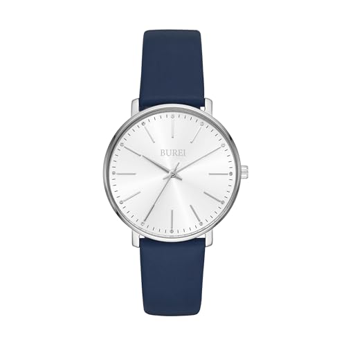 BUREI Frauen Uhren Mode Minimalistisch Analog Leder Quarz Wasserdicht Uhren für Frauen (Blue Silber)