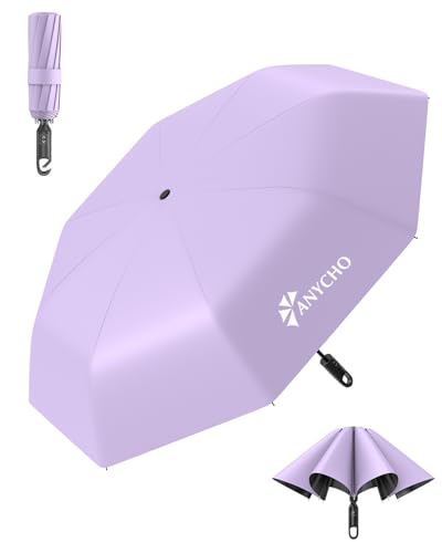 Image of ANYCHO Umbrella for Women 3 Fold with Carabiner Handle - Small Size for UV Protection & Rain - Automatic Pocket Umbrella for Men, Women and Kids