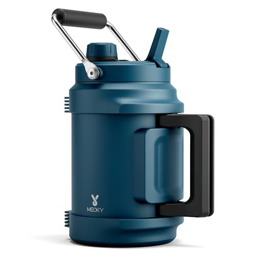 Image of 64 oz Insulated Water Bottle for Gym: Meoky Triple Wall Vacuum Stainless Steel Half Gallon Water Jug - Top and Side Handles, 2-in-1 Straw and Spout Lid, Cold for 36 Hrs, Leak Proof for Camping (Denim)