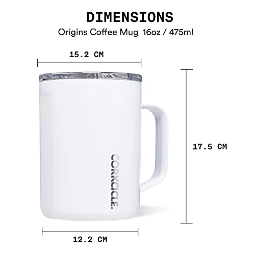 Corkcicle Origins Travel Coffee Mug - Triple Insulated Stainless Steel Cup with Handle for Tea, Hot Chocolate, Coffees, & More - Spill Proof, Reusable, Dishwasher Safe - Gloss White, 475ml/16oz