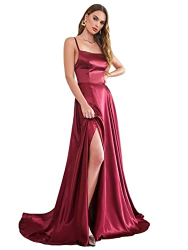 BABYONLINE D.R.E.S.S. Robe de Bal Longue Elégante en Satin Fendue Robe pour Mariage Invitée Femme Temoin Bordeaux 38 Cover