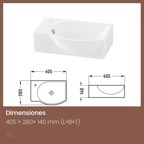 EMKE Hängewaschbecken 405 x 280 x 140 mm – Kompaktes und elegantes Waschbecken für kleine Badezimmer und Gäste-WC – Wasserhahn auf der linken Seite, Wandmontage, Hochglanzweiß