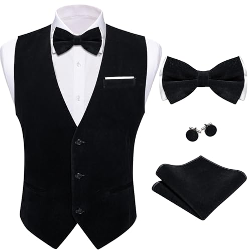Barry.Wang Men's Velvet Vests Formal Waistcoat Bowtie Set Hanky Cufflinks Armband Wedding Party Tuxedo Vest 6PCS3