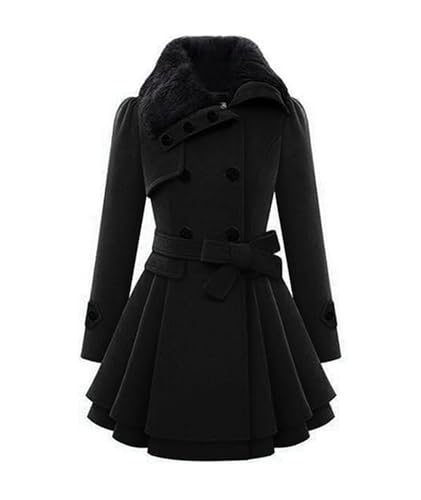 xxxiticat Women's Double Breasted Trench Coat Long Sleeve Faux Fur Lapel Flared Hem Belted Winter Warm Jacket Overcoat