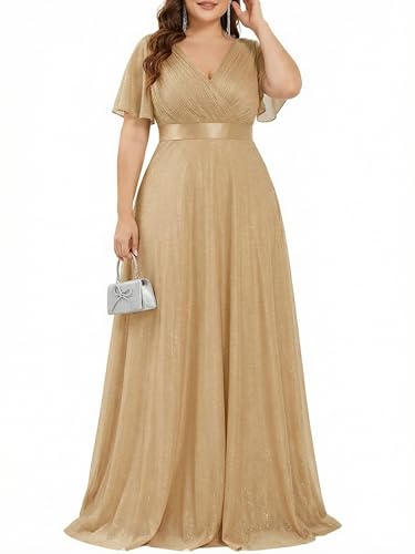 Image of Ever-Pretty Plus Women's Glitter Formal Dress Evening Gown for Gala V-Neck Short Sleeve Floor Length Plus Size Prom Dresses