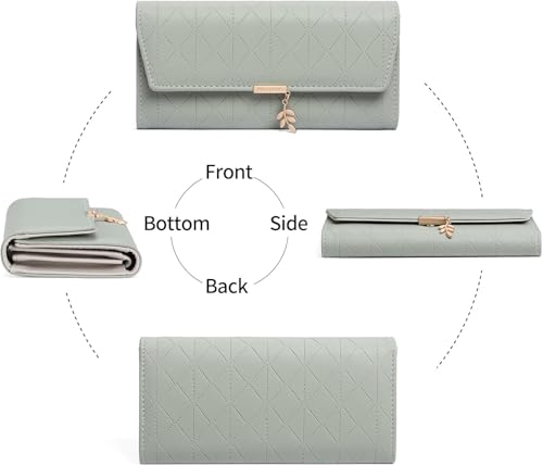 aurrako Wallets for Women Leather Clutch Credit Card Holder RFID Trifold Ladies Wallets Coins Zipper Pocket with ID Window Large Capacity (Sage Green)3