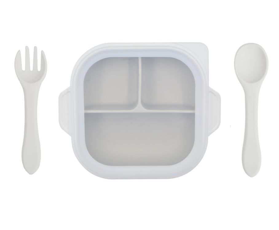 SPY KIDS® Silicon Baby Feeding Bowl with Transparent Lid | Premium Food Grade Soft 3 Compartment Baby Bowl with Suction, Soft Silicone Trainer Spoon and Fork, Kids’ Tableware (White)