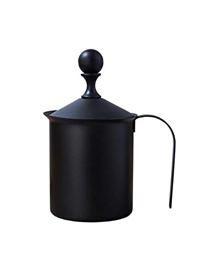 手動ミルク泡立て器、二層ステンレススチールハンドポンプミルク泡立て器、ハンドヘルドミルク泡立てピッチャー、ブラック (800cc)