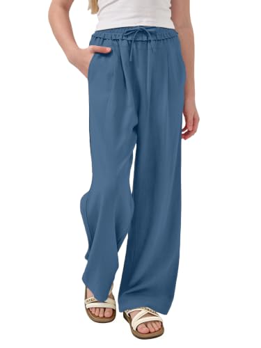 Image of Rolanko Girls Wide Leg Linen Pants Breathable Flowy Palazzo Trousers for School Beach Daily Wear 9-15 Years