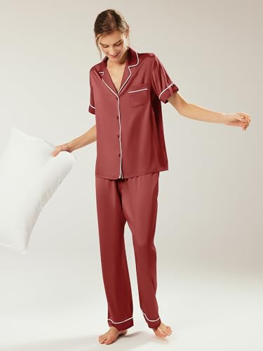 Image of AW BRIDAL Womens Satin Pajama Set Soft Short Sleeve Silk Pajamas Button Down Loungewear Sleepwear Two Piece Pj Sets, S-XL