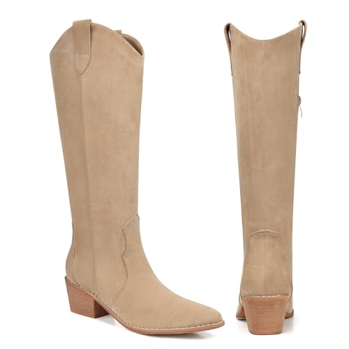 Image of SHIBEVER Cowgirl Boots Knee High: Womens Western Cowboy Boots Wide Calf Apricot Low Heeled Put on Suede Tall Booties Size 6.5