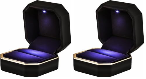 Image of Luxury Ring Box, Square Velvet Wedding Ring Case Jewelry Gift Box with LED Light for Proposal Engagement Wedding, Black (Pack of 2)